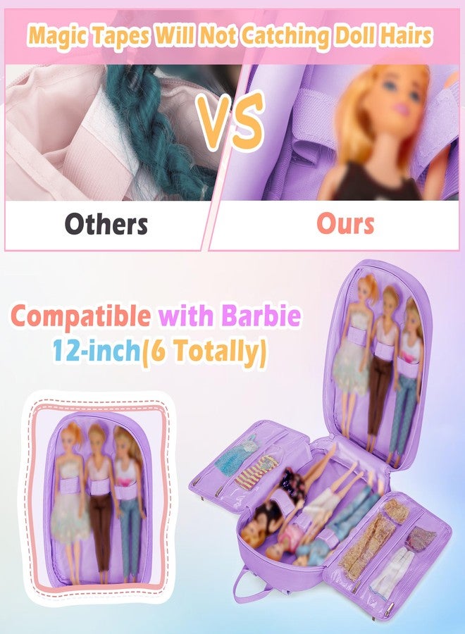 GRAOSO Carrying Backpack Compatible with Barbie Dolls 12-Inch, Travel Storage Bag with Fix Strips Holds up to 6 Dolls, Display Pockets for Doll’s Clothes, Accessories, Purple, Bag Only - Image 2